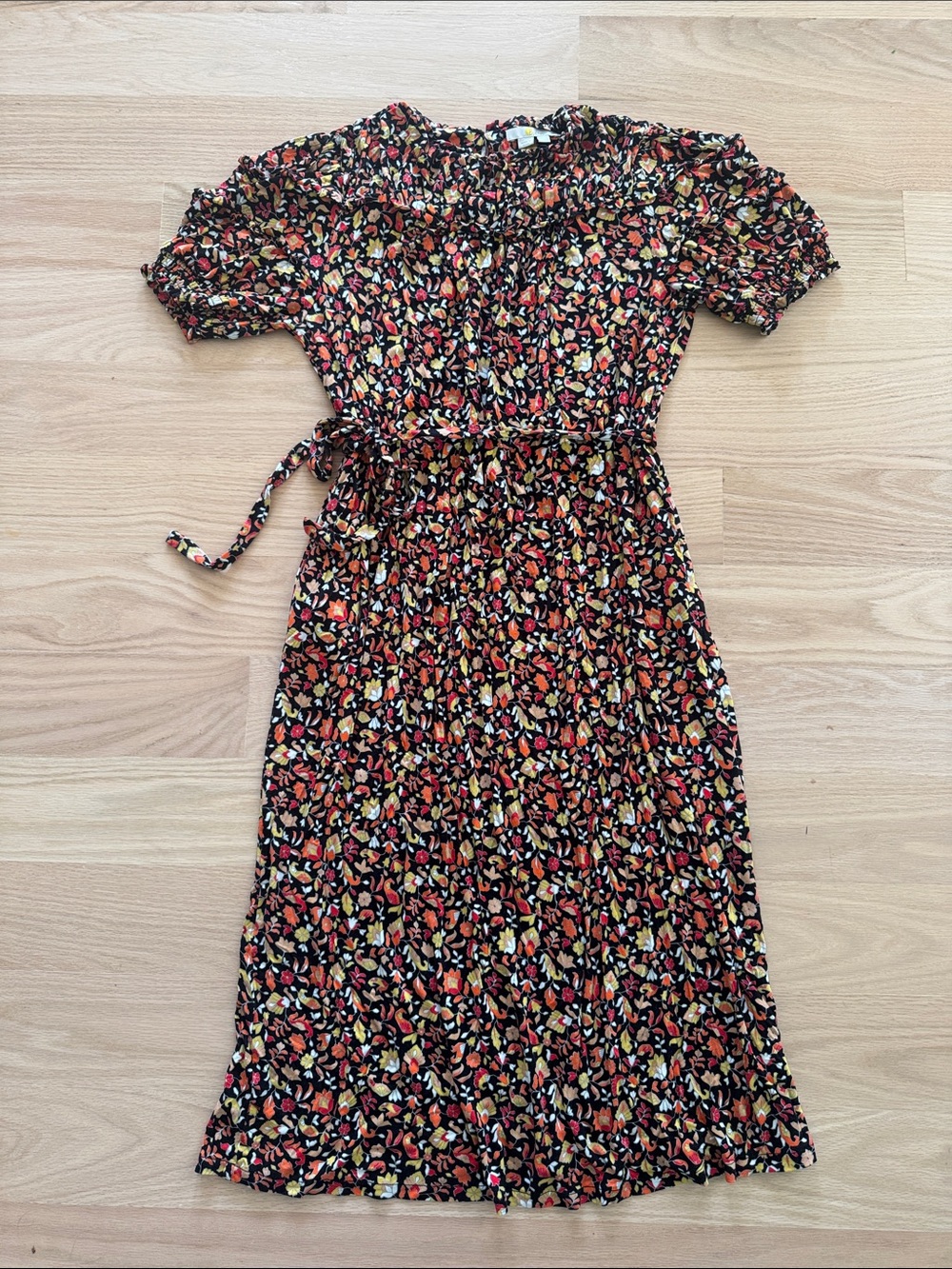 Boden | Black Midi Dress with Red, orange & Cream Floral Print